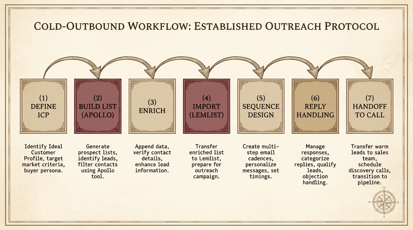 Cold-outbound workflow diagram: ICP → list-build in Apollo → enrich → import to Lemlist → sequence design → reply handling → handoff to call/inbox.