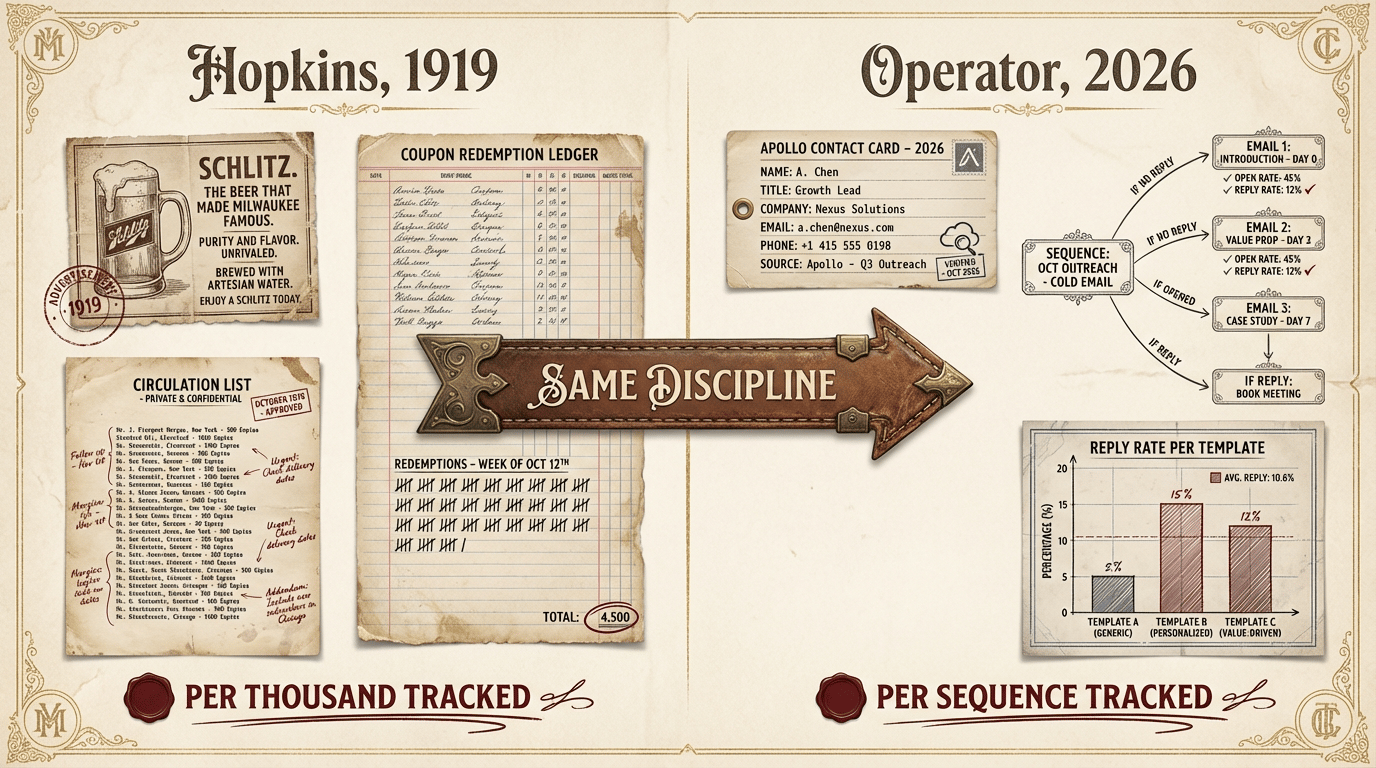 Two-column 'Same Discipline' parallel: Hopkins 1919 column with Schlitz ad clipping, coupon redemption ledger, circulation list — 'Per Thousand Tracked'. Operator 2026 column with Apollo contact card, Lemlist sequence tree, reply-rate bar chart — 'Per Sequence Tracked'.