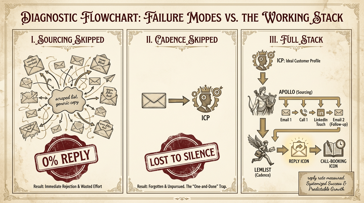Three-panel diagnostic: Sourcing skipped → 0% reply; Cadence skipped → lost to silence; Full stack → ICP → Apollo → Lemlist → reply → call-booking with reply rate measured.