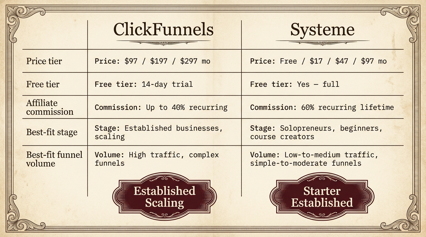 Side-by-side comparison: ClickFunnels vs Systeme.io feature/pricing matrix — five rows comparing price tier, free tier, affiliate commission, best-fit stage, and funnel volume; recommended-stage badges in oxblood at the bottom of each column.