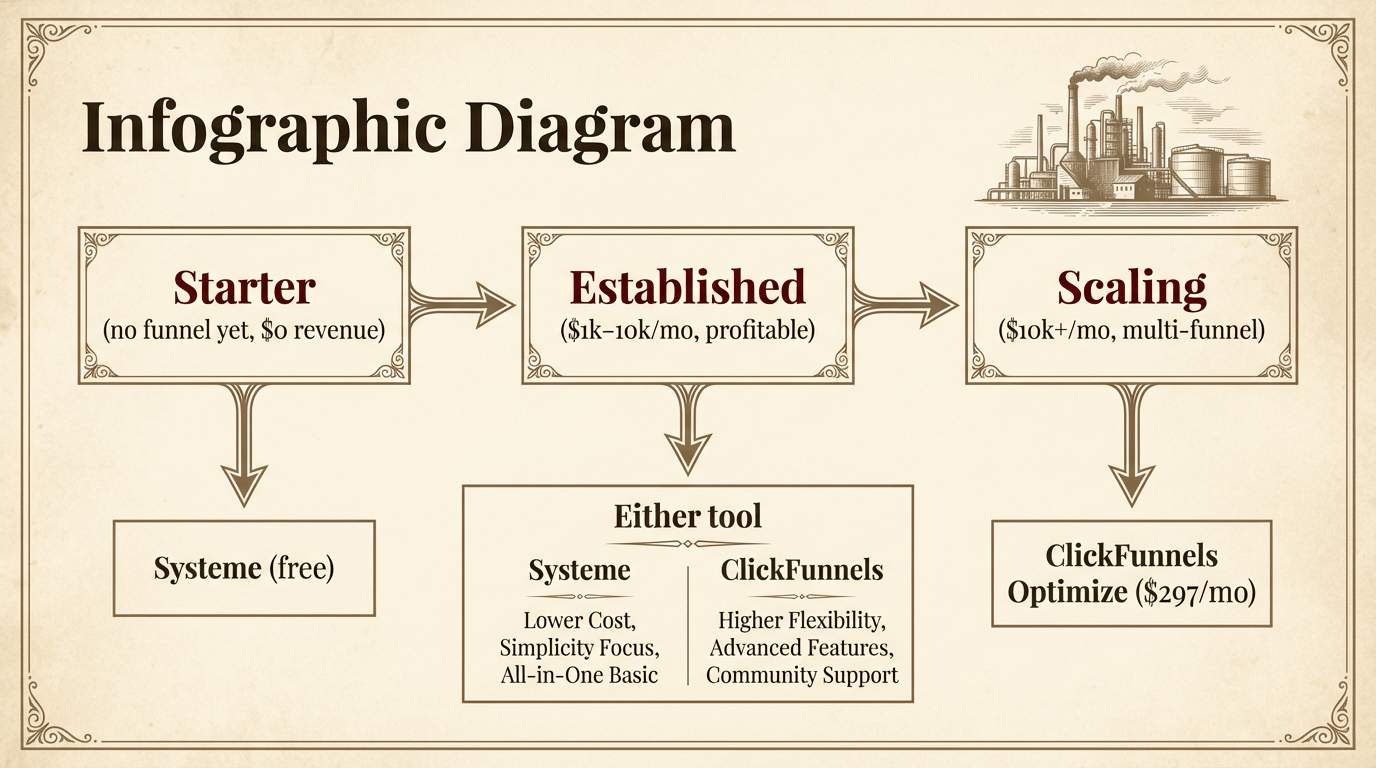 Three-stage decision diagram: Starter (no funnel yet, $0 revenue) → Systeme free; Established ($1k–10k/mo, profitable) → either tool; Scaling ($10k+/mo, multi-funnel) → ClickFunnels Optimize ($297/mo). Refinery silhouette anchor in the top-right.