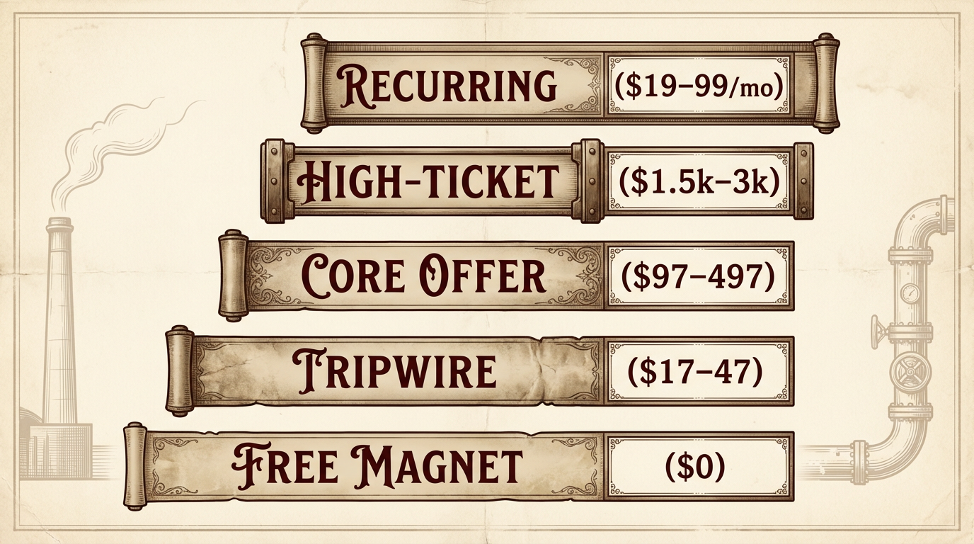 Five-tier value ladder diagram: Free magnet ($0) → Tripwire ($17–47) → Core offer ($97–497) → High-ticket ($1.5k–3k) → Recurring ($19–99/mo). Bars get progressively bolder up the ladder. Rockefeller-era refinery and pipeline motifs in the side margins.