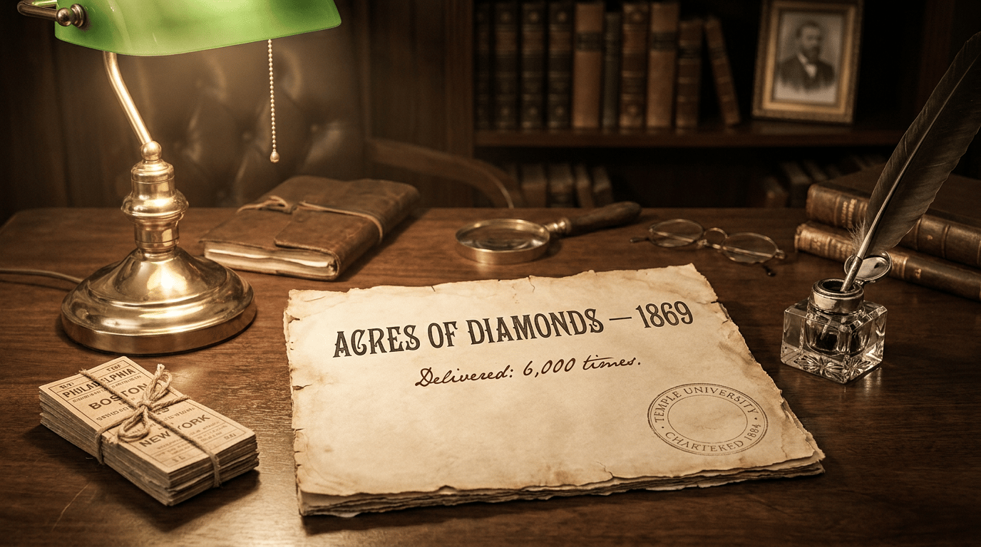Russell Conwell's writing desk circa 1900: an open lecture manuscript titled 'ACRES OF DIAMONDS — 1869' with a handwritten oxblood note 'Delivered: 6,000 times' and a sepia stamp reading 'TEMPLE UNIVERSITY · CHARTERED 1884.' A brass desk lamp, period inkwell with quill, and a stack of train-circuit ticket stubs surround the manuscript. The asset on the page, not the platform around it.