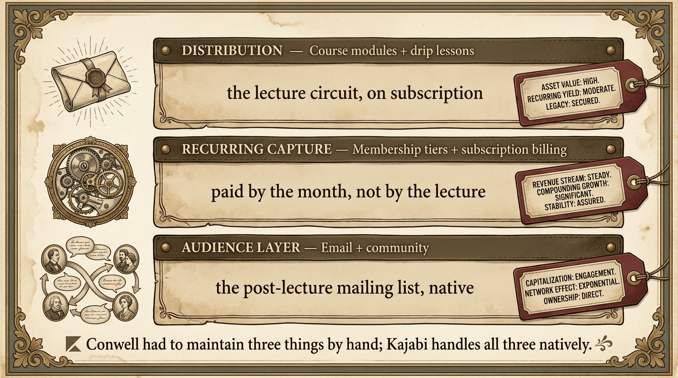 Three-layer recorded-asset stack: DISTRIBUTION (course modules + drip lessons — 'the lecture circuit, on subscription'), RECURRING CAPTURE (membership tiers + subscription billing — 'paid by the month, not by the lecture'), AUDIENCE LAYER (email + community — 'the post-lecture mailing list, native'). Conwell had to maintain three things by hand; Kajabi handles all three natively.