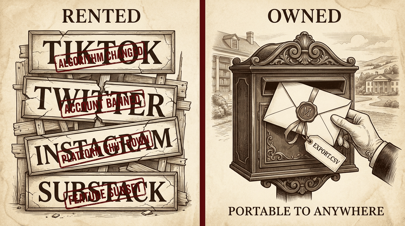 Rented-platform vs owned-list split — left: stacked TIKTOK / TWITTER / INSTAGRAM / SUBSTACK signs with oxblood ALGORITHM CHANGED, ACCOUNT BANNED, PLATFORM SHUT DOWN, FEATURE SUNSET stamps; right: a clean parchment-sealed envelope being placed into a 1900s American mailbox with an EXPORT.CSV ribbon and PORTABLE TO ANYWHERE caption.