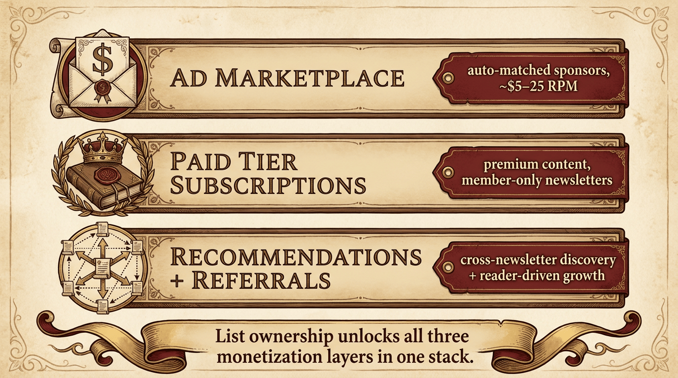 Three-layer monetization stack: AD MARKETPLACE (auto-matched sponsors, $5–25 RPM), PAID TIER SUBSCRIPTIONS (premium content, member-only newsletters), RECOMMENDATIONS + REFERRALS (cross-newsletter discovery + reader-driven growth). List ownership unlocks all three monetization layers in one stack.