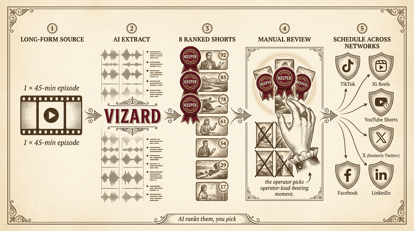Five-stage repurposing workflow: 1 × 45-min long-form source → AI extract via Vizard → 8 ranked 9:16 shorts with virality scores → manual review (operator picks 3–5 keepers) → schedule across TikTok, IG Reels, YouTube Shorts, X, Facebook, LinkedIn.