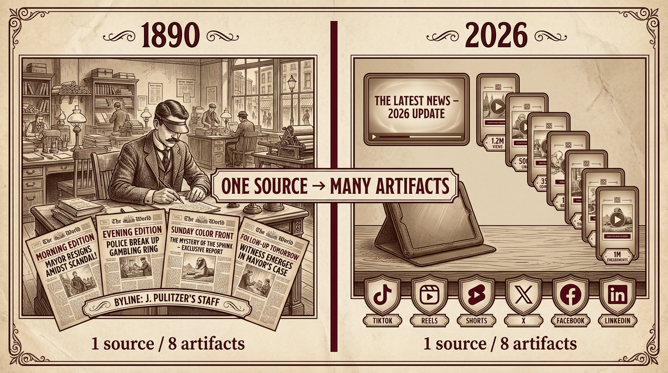 Then-and-now split: left half labeled 1890 — Pulitzer's NY World newsroom with one reporter and front-page mock-ups for MORNING / EVENING / SUNDAY COLOR FRONT / FOLLOW-UP, each with a different headline but the same byline. Right half labeled 2026 — a single horizontal video frame and 8 vertical short-form thumbnails fanning out, with platform shields (TikTok, Reels, Shorts, X, FB, LinkedIn) marching across the bottom. Center divider in oxblood: ONE SOURCE → MANY ARTIFACTS.