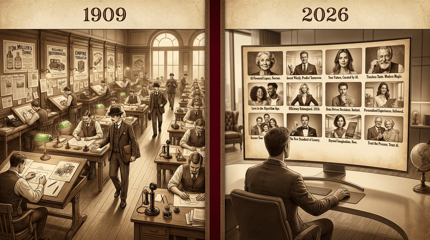 Side-by-side split — left: 1909 JWT NYC production floor with illustrators at drafting tables; right: 2026 single-operator screen showing a grid of AI-rendered ad thumbnails.