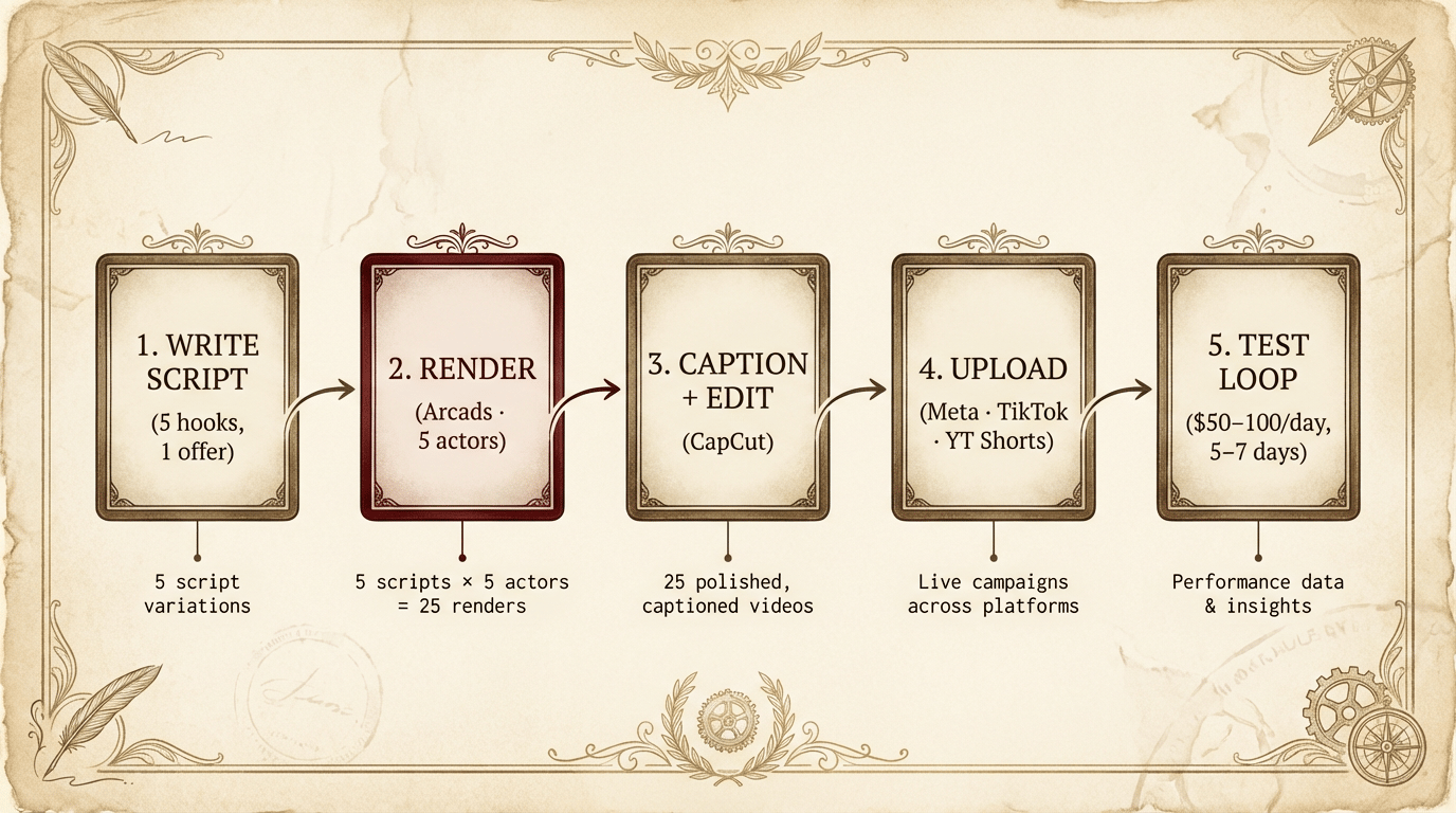 Five-step AI-UGC workflow: WRITE SCRIPT (5 hooks, 1 offer) → RENDER (Arcads · 5 actors) → CAPTION + EDIT (CapCut) → UPLOAD (Meta · TikTok · YT Shorts) → TEST LOOP ($50–100/day, 5–7 days). Arcads box highlighted in oxblood.