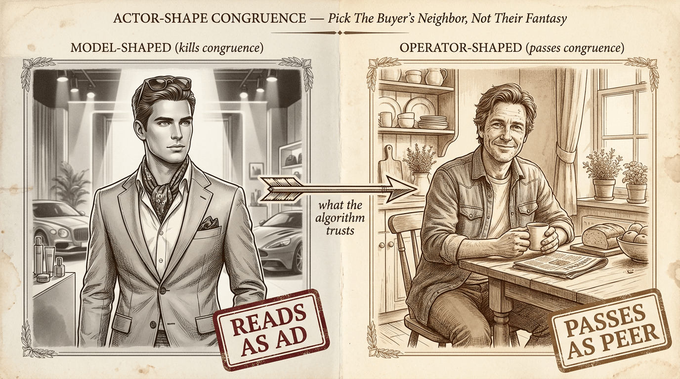 Actor-shape congruence: model-shaped (READS AS AD) vs operator-shaped (PASSES AS PEER). Pick the buyer's neighbor, not their fantasy.